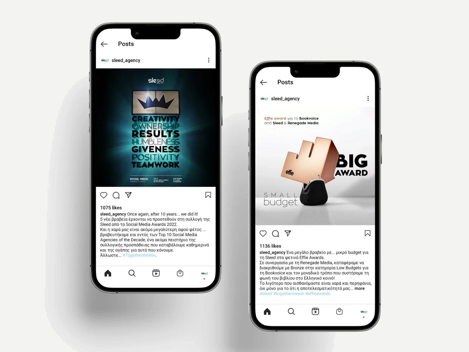 Two phones with Sleed posts: a crown for effectiveness and a tiny wallet squeezing in a big award